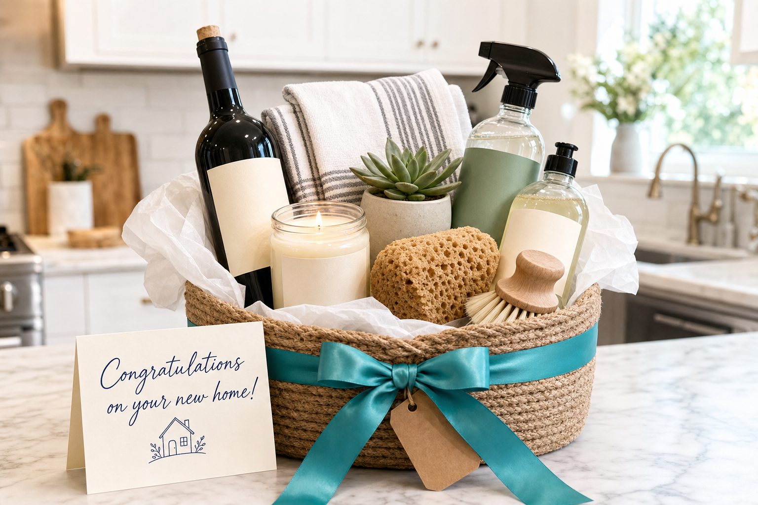 FreshSet Congratulations Basket with a bottle of wine, candle, succulent, and cleaning essentials in a teal-ribboned gift basket