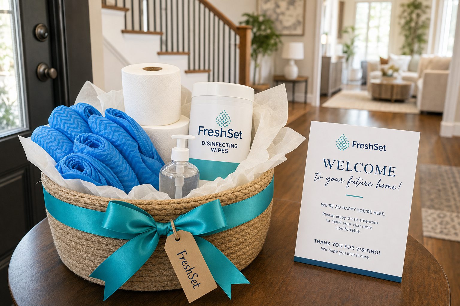FreshSet Showing Kit displayed in a round gift basket with a teal ribbon, shoe covers, toilet paper, and cleaning wipes